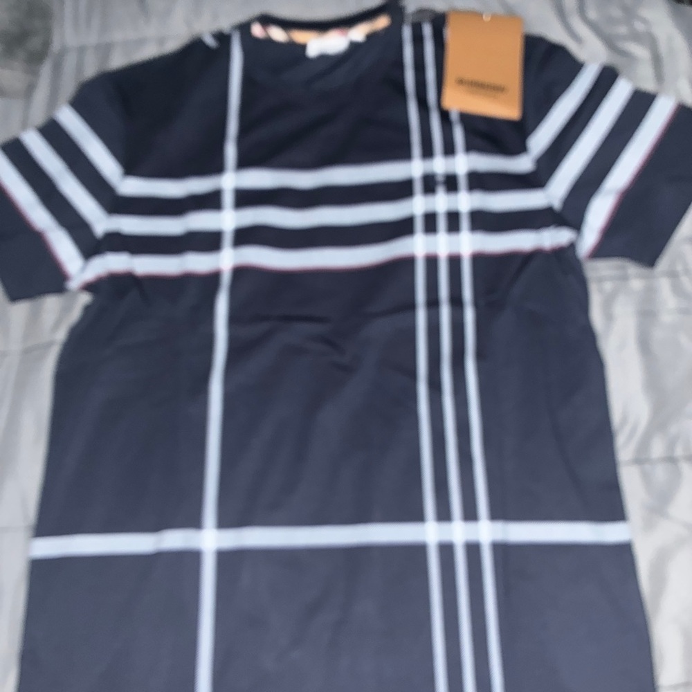Burberry Navy and White Checkered Men's Tee